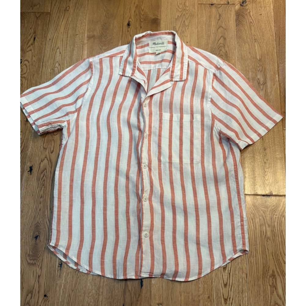 Madewell Easy Fit Linen Short Sleeve Striped Shirt Reddish Orange White Small